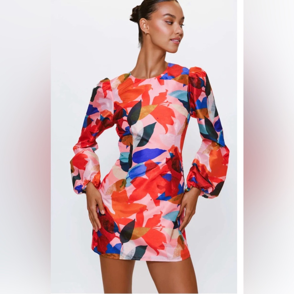 NWT Hutch Coral Papier Mache Carolyn Long-Sleeve Floral Mini Shift Dress  M